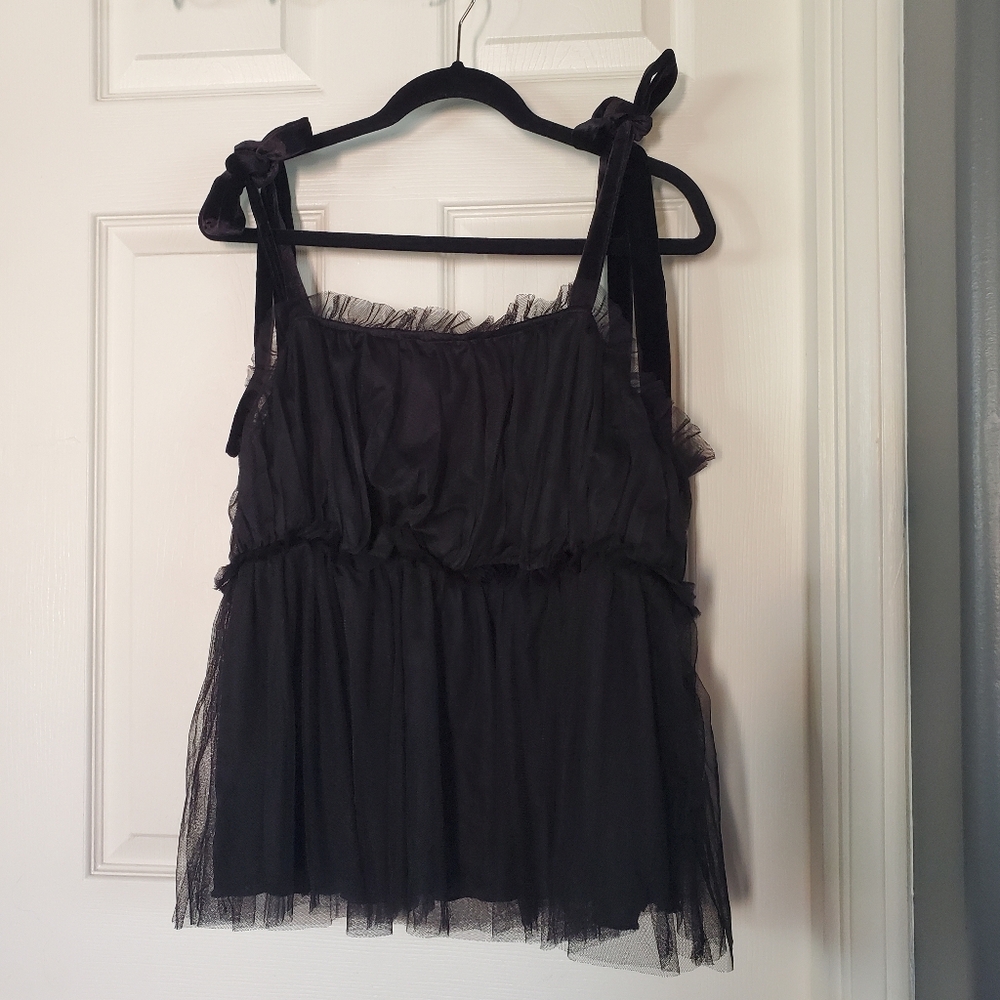 Anthropologie Velvet Tule Tank Black Fairy Witchy Rock Punk Babydoll Grunge 3X - Picture 3 of 13